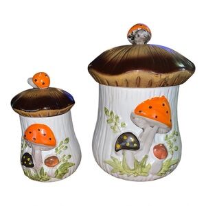 Vintage Merry Mushroom Set of 2 Jars, 1 Large 1 small Kitchen Canister 1970's,